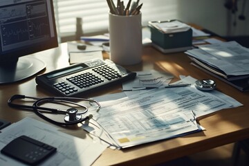 Doctor's desk is shown, covered in paperwork and medical bills, with a stethoscope and calculator placed on top, suggesting the analysis of healthcare expenses