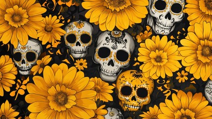 A detailed pattern featuring sugar skulls and yellow marigold flowers symbolizing Day of the Dead . Vibrant colors emphasize cultural celebration and remembrance.