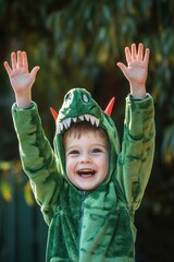 Wall Mural - A joyful child in a dinosaur costume, celebrating with arms raised outdoors.