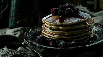 Poster -   A plate of pancakes, dusted with powdered sugar, and topped with fresh raspberries