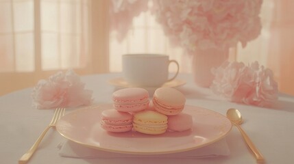 Poster -   Macaroons & Coffee on White Tablecloth with Pink Flowers