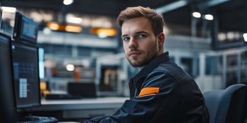 Aufkleber - A focused young man working at a computer. He has a serious expression while monitoring operations. The image showcases a modern tech workspace. A professional atmosphere. AI