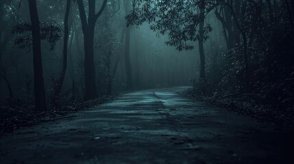 Poster -  A dark road in a dense forest, flanked by tall trees on either side, leading to a single, dimly lit endpoint ahead