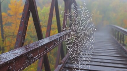 Wall Mural -   A spider web perched atop a metal bridge amidst a dense forest blanketed in autumn foliage and misty fog