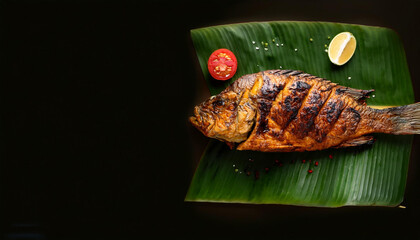 Wall Mural - Spicy grilled fish served on banana leaf 