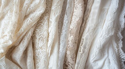 Poster -   Close-up photo of various lace designs on fabric stacked together