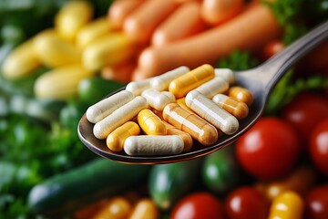 Spoon with dietary supplement pills on vegetable background