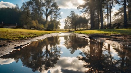 Reflection in a water puddle with a fence, trees, and a sunny sky following rain, travel, vlogs, and images
