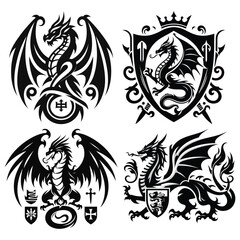 Wall Mural - Black and white dragon illustrations in medieval style, vector file, fantasy-themed crest design