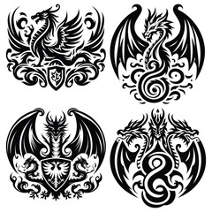 Wall Mural - Intricate black and white dragon emblems vector illustration, tattoo design elements, fantasy art