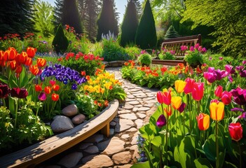 vibrant garden beds featuring colorful seasonal blooms lush greenery picturesque outdoor setting, flowers, plants, landscape, nature, horticulture, foliage