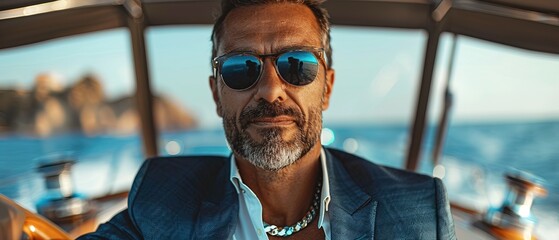 Rich man whit necklace, suit and sunglasses in a yacht