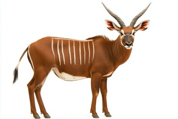 Wall Mural - bongo antelope exhibits its rich reddish coat adorned with striking white stripes, standing proudly in isolation. Its impressive horns and attentive posture reflect its natural elegance.