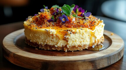 Poster -   A cheesecake sits on a wooden platter, adorned with purple and orange blossoms, and garnished with a drizzle of golden honey