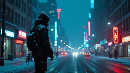 Cyberpunk Cityscape Night Scene with Hooded Figure and Neon Lights in Snowfall