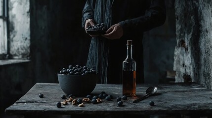 Sticker -   A man holding a bowl of grapes near a wine bottle and a grape bowl on a table