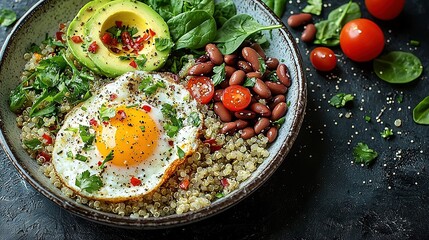 Poster -   A bowl brimming with rice, beans, avocado, and tomatoes, topped by a perfectly poached egg