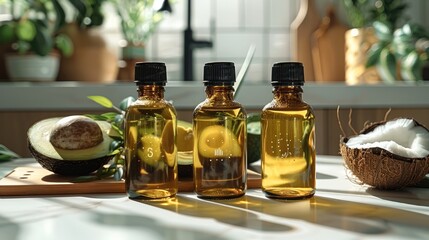 3 body oil bottles, modern kitchen background with lush herbs and spices with avocado and coconut. Generative AI.