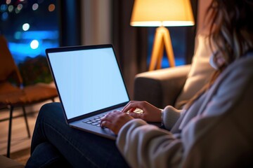 Wall Mural - Female typing and using computer with white screen blank. Mockup laptop Female typing and using computer with white screen blank. Mockup laptop