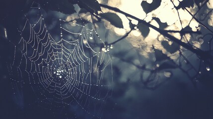 Wall Mural -   A spider web with drops of water on a tree branch