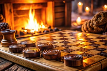 A close-up shot of a wooden draughts board with intricately carved pieces, surrounded by scattered pawns and a warm, cozy atmosphere in the background.