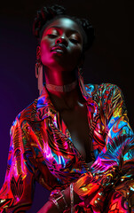 Wall Mural - Portrait of a black woman in iridescent dress, neon colors.