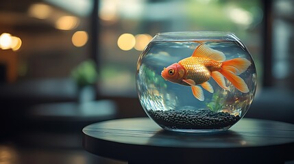 Wall Mural - A single goldfish swims in a round glass bowl on a wooden table.