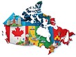 © Four888 - A colorful, detailed map of Canada showcasing provinces, territories, and major cities, highlighted with vibrant national flags and iconic landmarks on a white background.