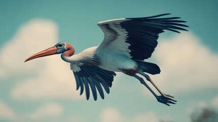 Marabou Stork Bird Flying Under Blue Sky, Photo Realistic, Wallpaper, Cover and Screen for Smartphone, PC, Laptop, 9:16 and 16:9 Format