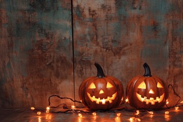 Wall Mural - Two carved pumpkins with glowing faces and fairy lights on a rustic wooden background.