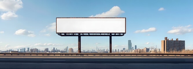 8. A billboard on a highway bridge with a sprawling cityscape in the distance and clean, empty white space