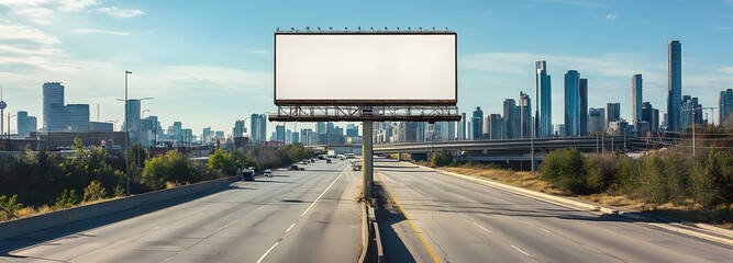 Wall Mural - 8. A billboard on a highway bridge with a sprawling cityscape in the distance and clean, empty white space