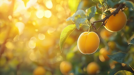 Sticker -   A well-filled apricot tree bathes in sunshine amidst a lush forest