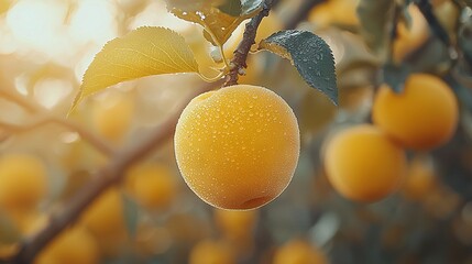 Poster -   A tree's oranges dangle from branches, bathed in water droplets