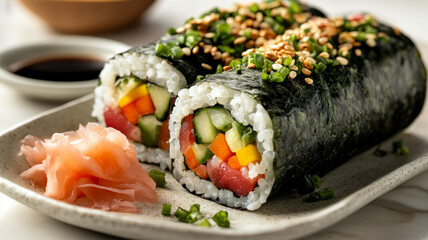 Close-up of two sushi rolls with vegetables and fish on a plate.