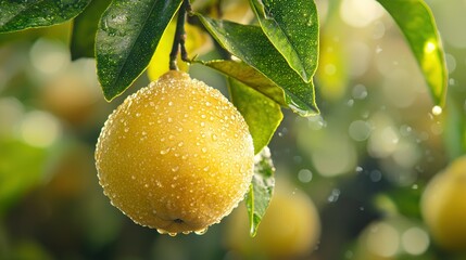 Sticker -    a lemon on a tree branch, surrounded by water droplets on the leaves and a sharp background