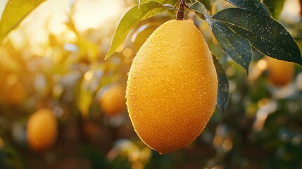 Poster -   A zoomed-in image of an orange-laden tree, with droplets of water on the juicy fruit