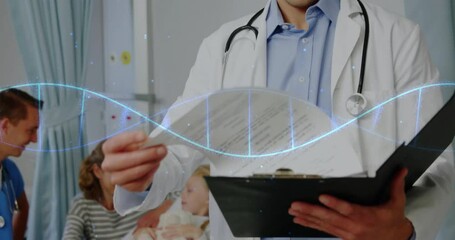 Poster - Animation of dna strand over caucasian male doctor reading documents