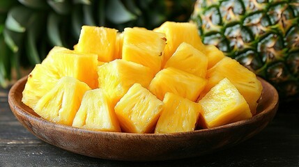 Poster -  Wooden bowl containing pineapples atop wooden table beside pineapple plant