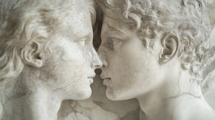 Close-up of two marble sculptures depicting human faces.