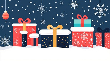 Wall Mural -   A group of presents sits atop snow-covered ground next to a Christmas ornament