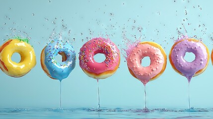 Canvas Print -   A line of doughnuts with sprinkles erupting from their centers, floating on a pond