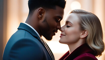 Wall Mural - black man white woman representing interracial couple image set valentine day depicts loving couple embracing touching foreheads