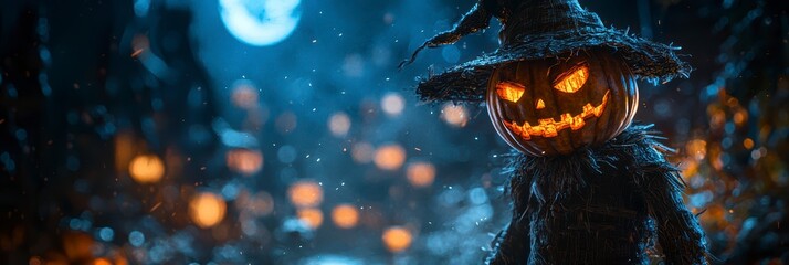 A creepy scarecrow with a glowing pumpkin head standing in the moonlight in a creepy cemetery