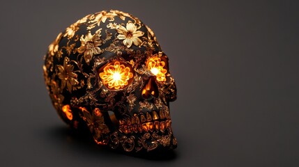 A detailed ornate skull with golden flowers and glowing eyes, symbolizing the beauty and fragility of life, the inevitability of death, and the constant cycle of renewal.