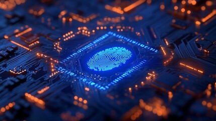 Canvas Print - Blue fingerprint glowing on circuit board for biometric security