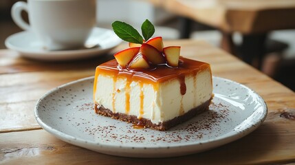 Poster -   White plate with cheesecake, caramel sauce, and apple slice