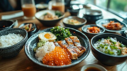 Sticker -   A zoomed-in picture of a wooden table adorned with a platter of steaming rice, succulent meat, and vibrant vegetables