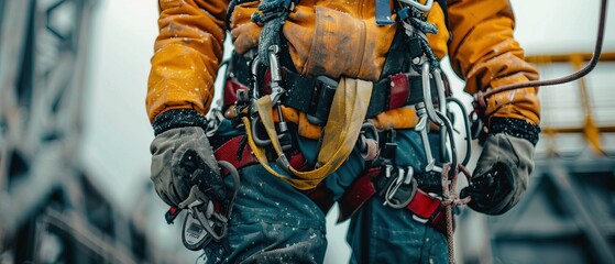 Wall Mural - Work on high-altitude equipment. Fall arrest device for worker with safety belt hooks