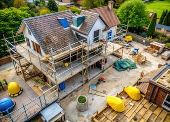 Aerial view of a residential property with scaffolding and construction equipment, undergoing renovation with blueprints and hard hats scattered on a makeshift workstation outside.